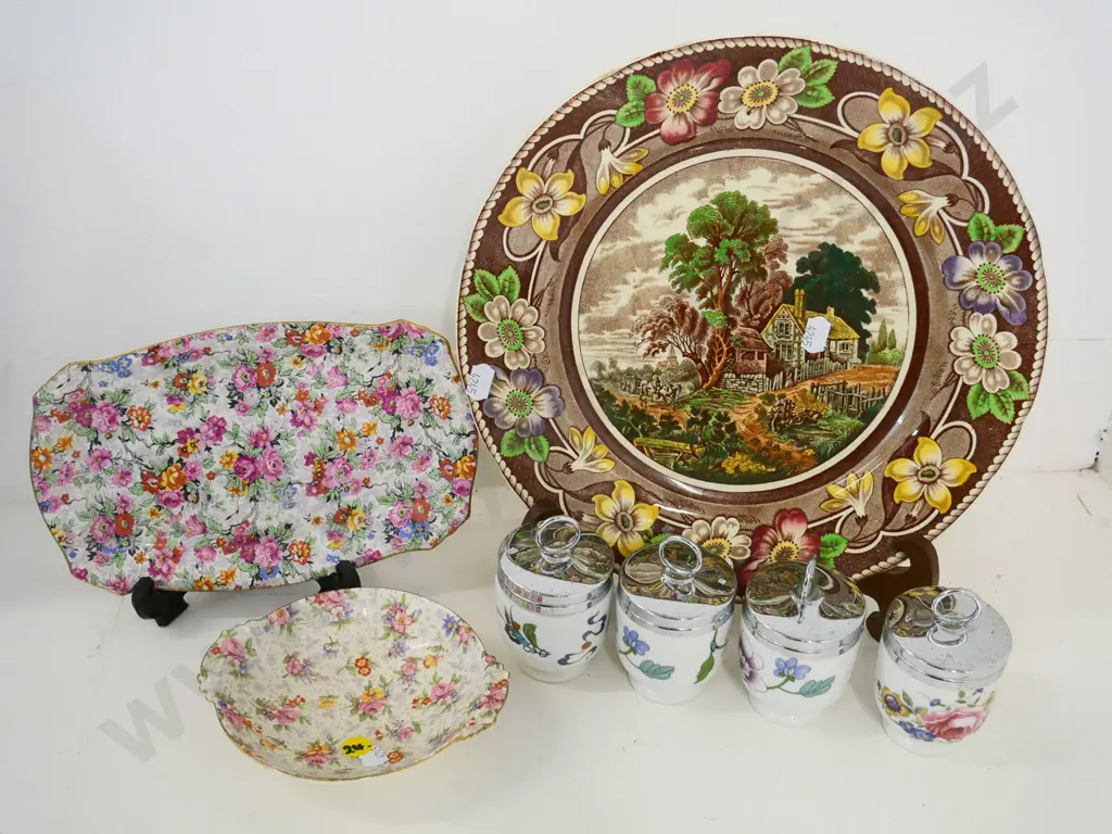 English china: Coalport Pastoral cabinet plate, 2 AOF dishes (Royal Winton, Nelson Ware) 4 Royal Worcester egg coddlers Image 1++