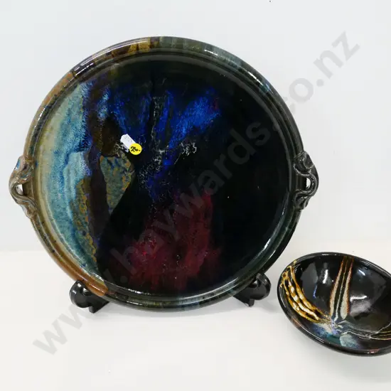 2 pieces studio pottery - unknown marks - platter Diameter 350 and a bowl