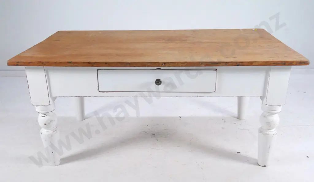 vintage kitchen table cut down to coffee table height, single drawer, painted base H-550 W-1240 D-680 Image 1++