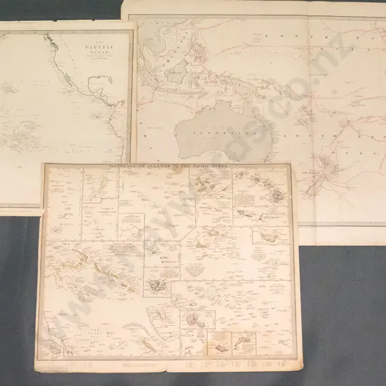 3 unframed maps - Pacific ocean & Oceania - wear & tear, foxing - largest H-360 W-610