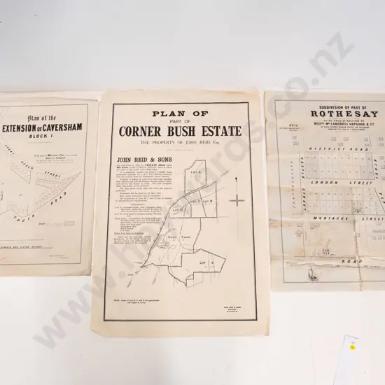3 Dunedin area subdivision maps - Corner Bush Estate, Caversham, Rothesay - damage and foxing - largest H760 W510