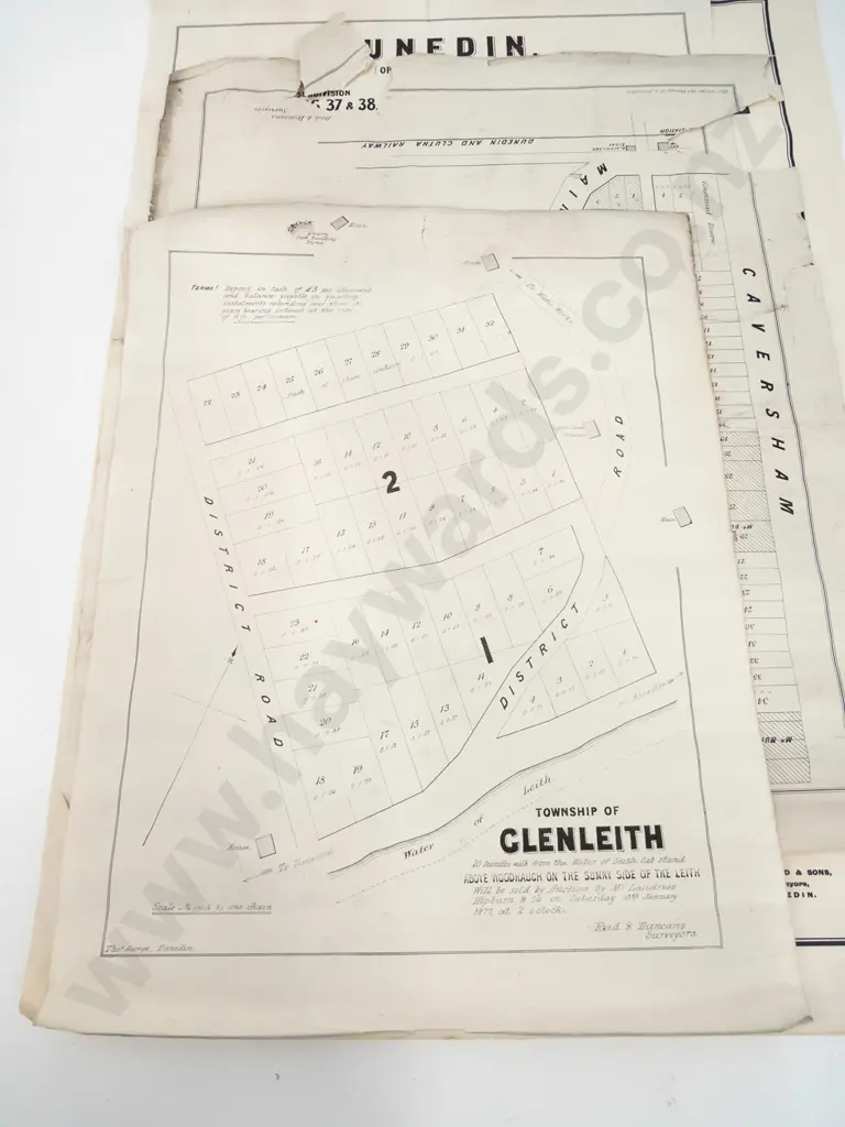 4 Dunedin area subdivision maps - Corner Bush Estate, Caversham, Glenleith etc - damage and foxing - largest H760 W510 Image 1++