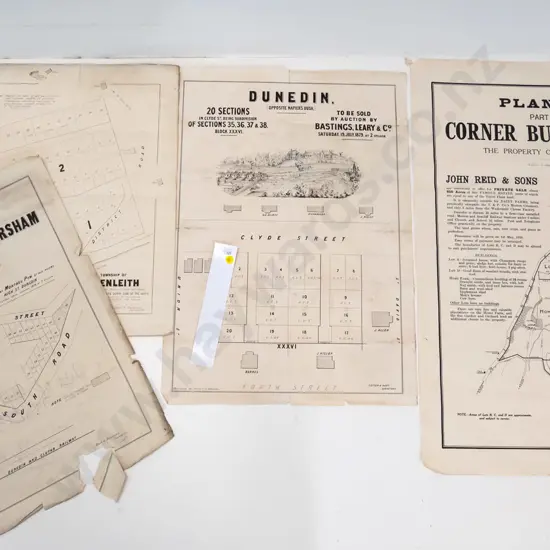 4 Dunedin area subdivision maps - Corner Bush Estate, Caversham, Glenleith etc - damage and foxing - largest H760 W510