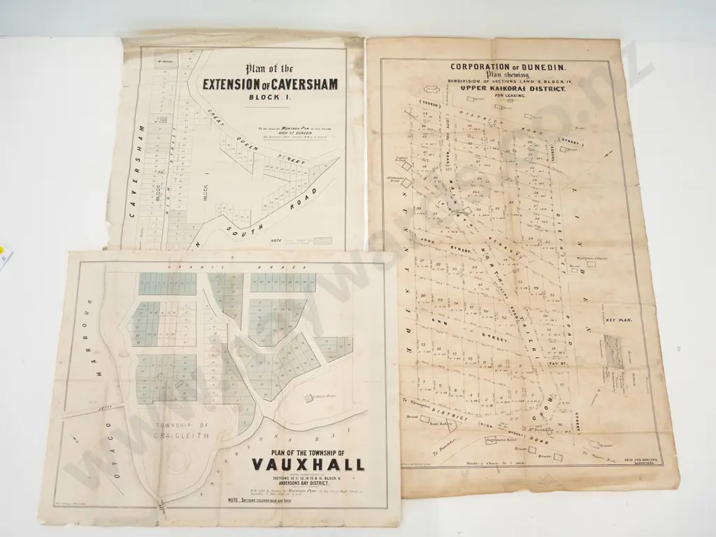 3 Dunedin area subdivision maps - Vauxhall, Caversham, Upper Kaikorai - damage and foxing - largest H830 W490 Image 1++