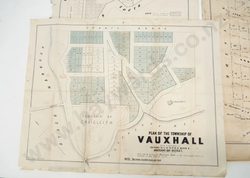 3 Dunedin area subdivision maps - Vauxhall, Caversham, Upper Kaikorai - damage and foxing - largest H830 W490 Image 1++