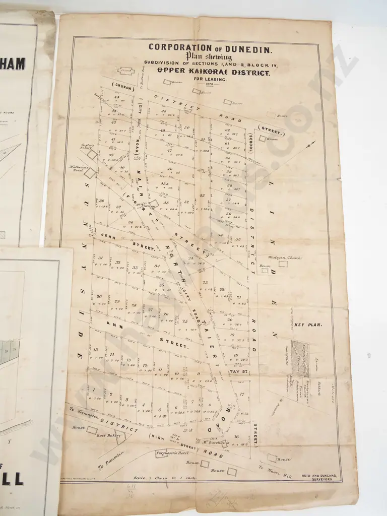 3 Dunedin area subdivision maps - Vauxhall, Caversham, Upper Kaikorai - damage and foxing - largest H830 W490 Image 1++