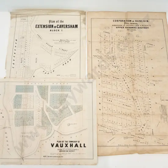 3 Dunedin area subdivision maps - Vauxhall, Caversham, Upper Kaikorai - damage and foxing - largest H830 W490