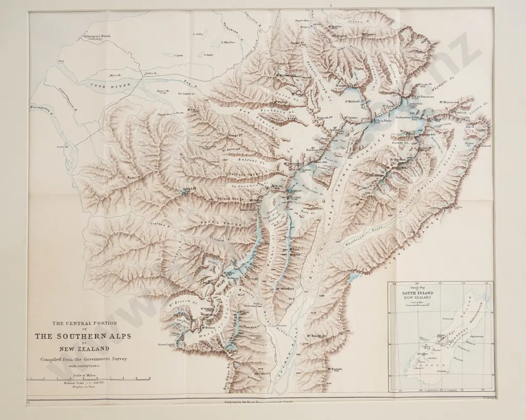 mounted map of the Southern Alps, published by Royal Geographical Society London H-385 W-455 Image 1++