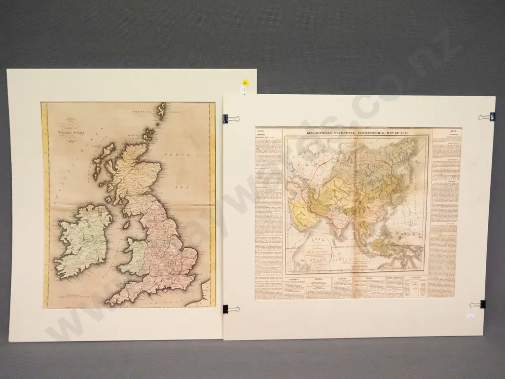 2 unframed mounted maps - Great Britain & Ireland H450, and Asia historical/political map from publication Image 1++