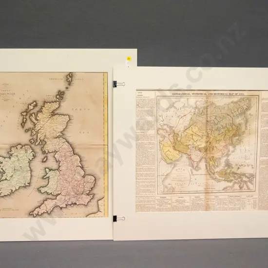 2 unframed mounted maps - Great Britain & Ireland H450, and Asia historical/political map from publication