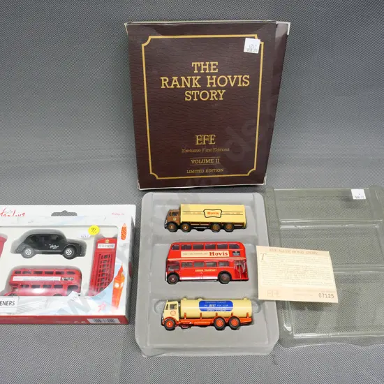 2 die-cast boxed sets: EFE ltd. ed. Rank Hovis vintage vehicles & vintage London theme pencil sharpeners