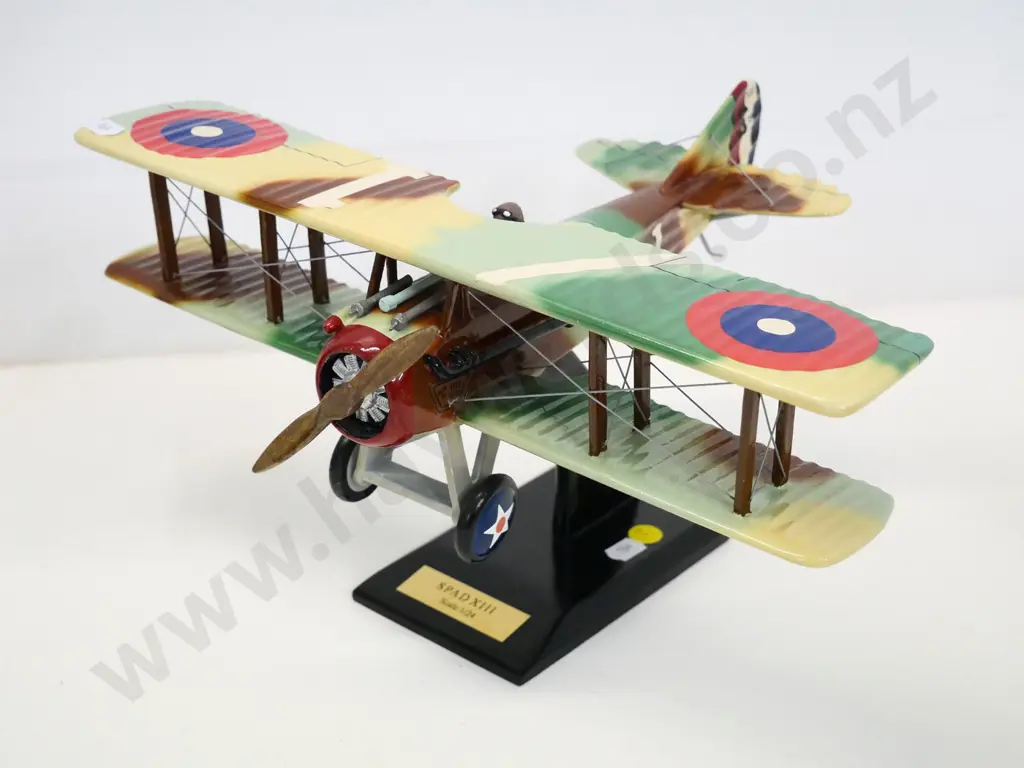 1:24 painted (wood? composite?) model of vintage military bi-plane SPAD XIII on wooden base H-160 W-330 Image 1++