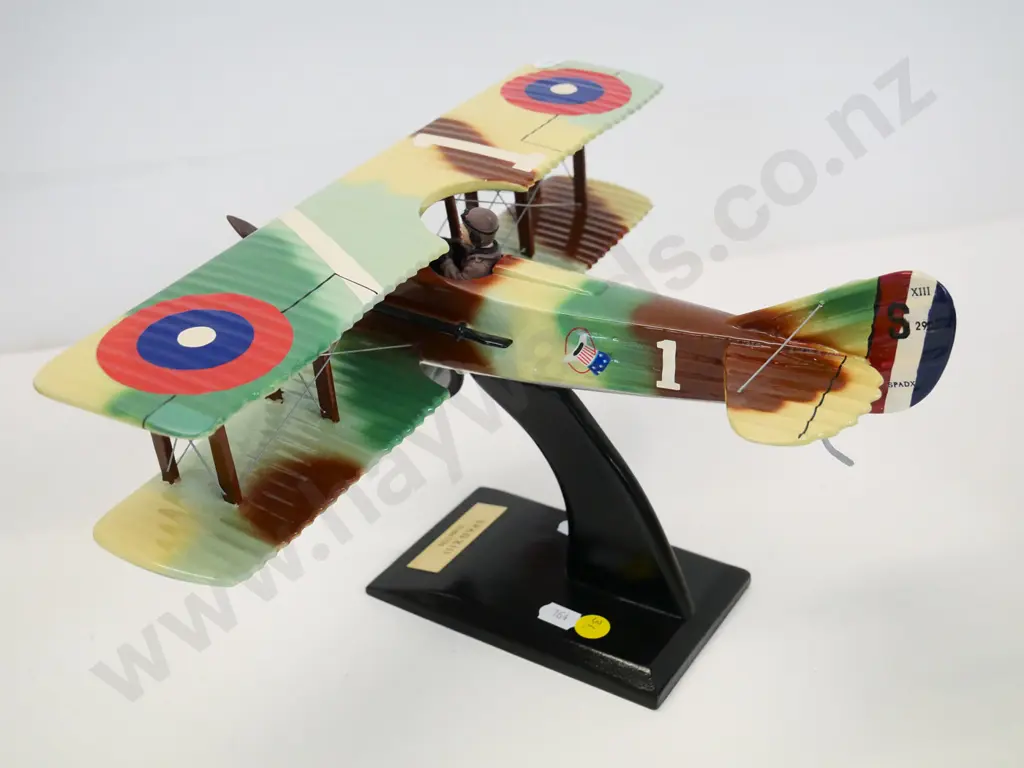 1:24 painted (wood? composite?) model of vintage military bi-plane SPAD XIII on wooden base H-160 W-330 Image 1++
