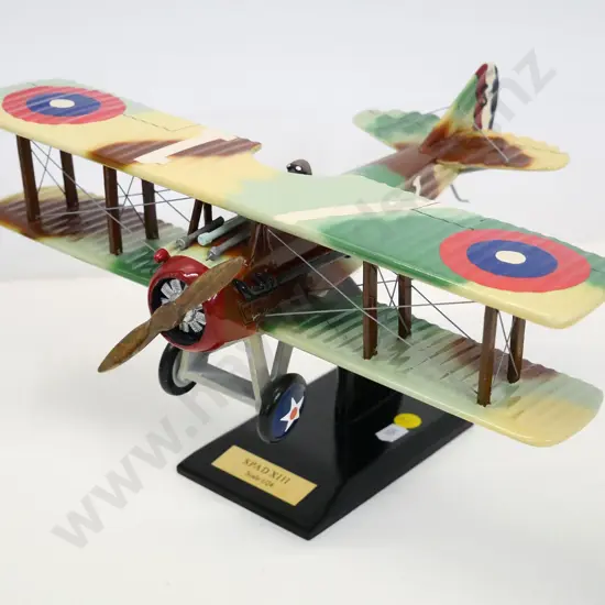 1:24 painted (wood? composite?) model of vintage military bi-plane SPAD XIII on wooden base H-160 W-330