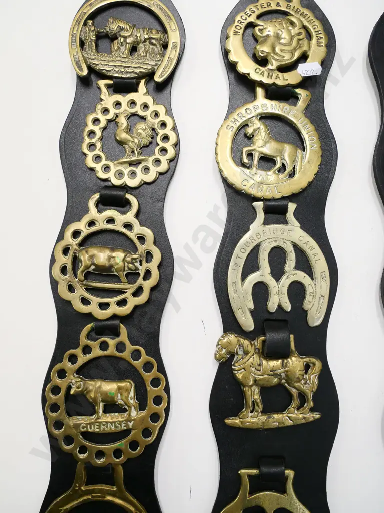 3 vintage sets of horse brasses on leather backing straps - each L-520 Image 1++