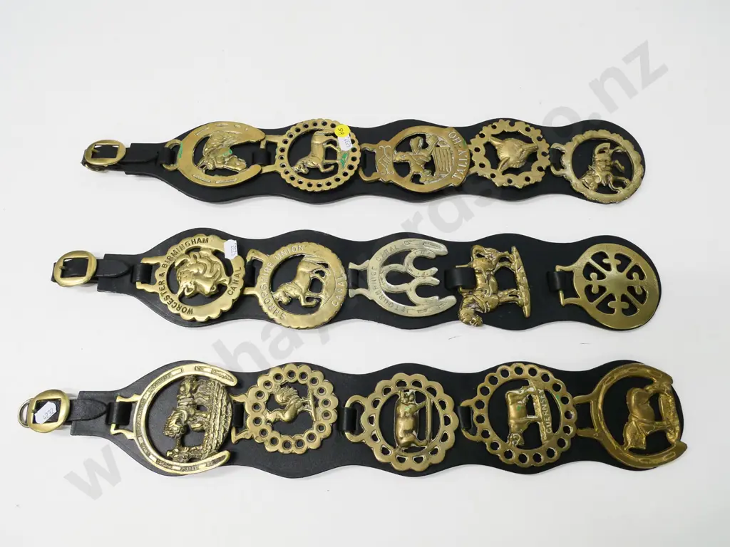 3 vintage sets of horse brasses on leather backing straps - each L-520 Image 1++