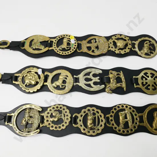 3 vintage sets of horse brasses on leather backing straps - each L-520