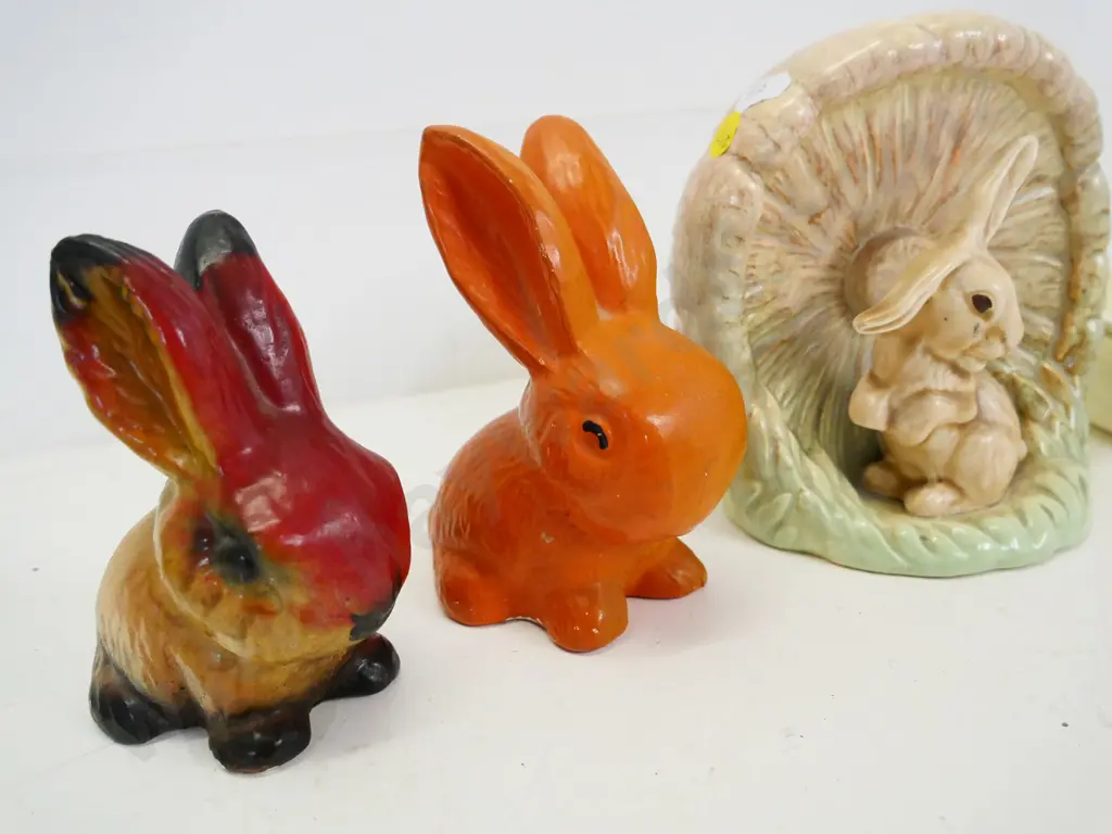 Sylvac rabbit vase No. 1510, Sylvac rabbit, has been painted over, other plaster rabbit ,Crown Lynn Rub-A-Dub bowl Image 1++