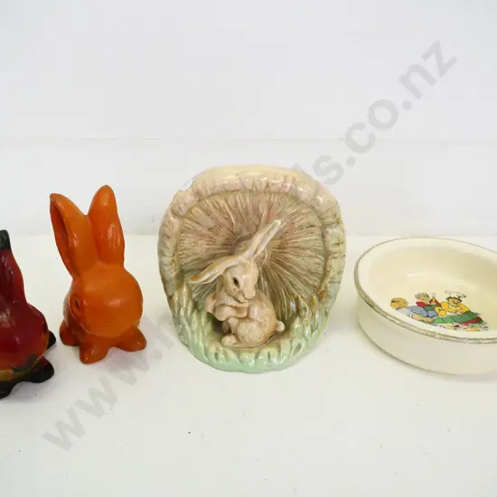 Sylvac rabbit vase No. 1510, Sylvac rabbit, has been painted over, other plaster rabbit ,Crown Lynn Rub-A-Dub bowl