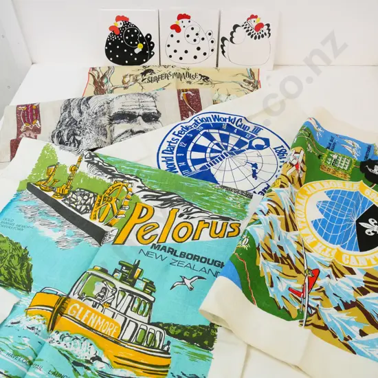 5 souvenir tea towels - 4 New Zealand, one Australian, and three Happy Hen ceramic tiles