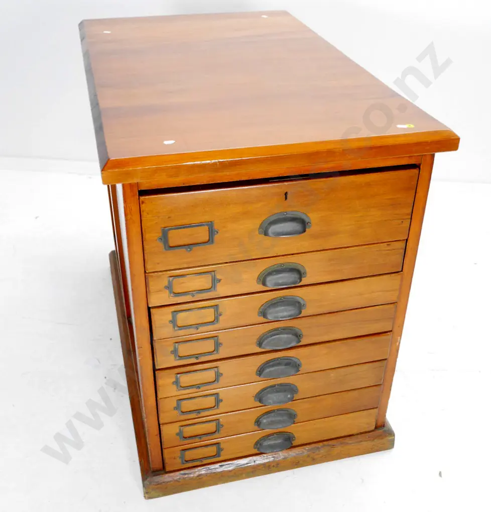 kauri chest of 8 filing drawers with hinged dividers in lower 7 drawers, brass cup handles, label holders H770 W580 D930 Image 1++