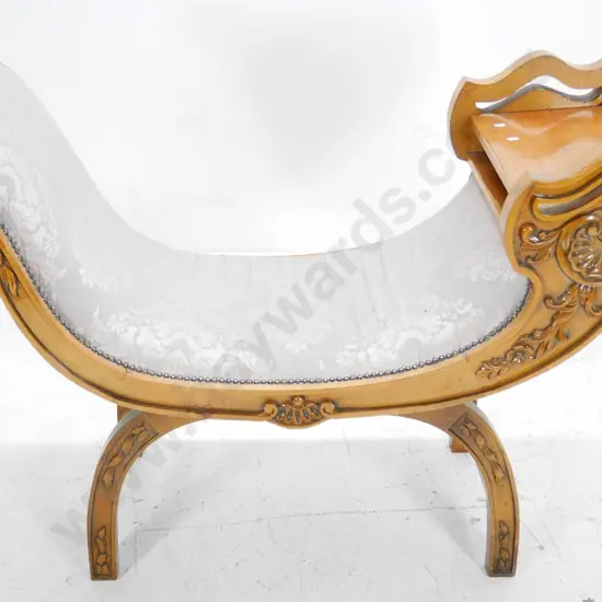 Empire-style (walnut?) seat with carved facings, studded upholstery, splitting to veneer on shelf end H820 W1170  D460