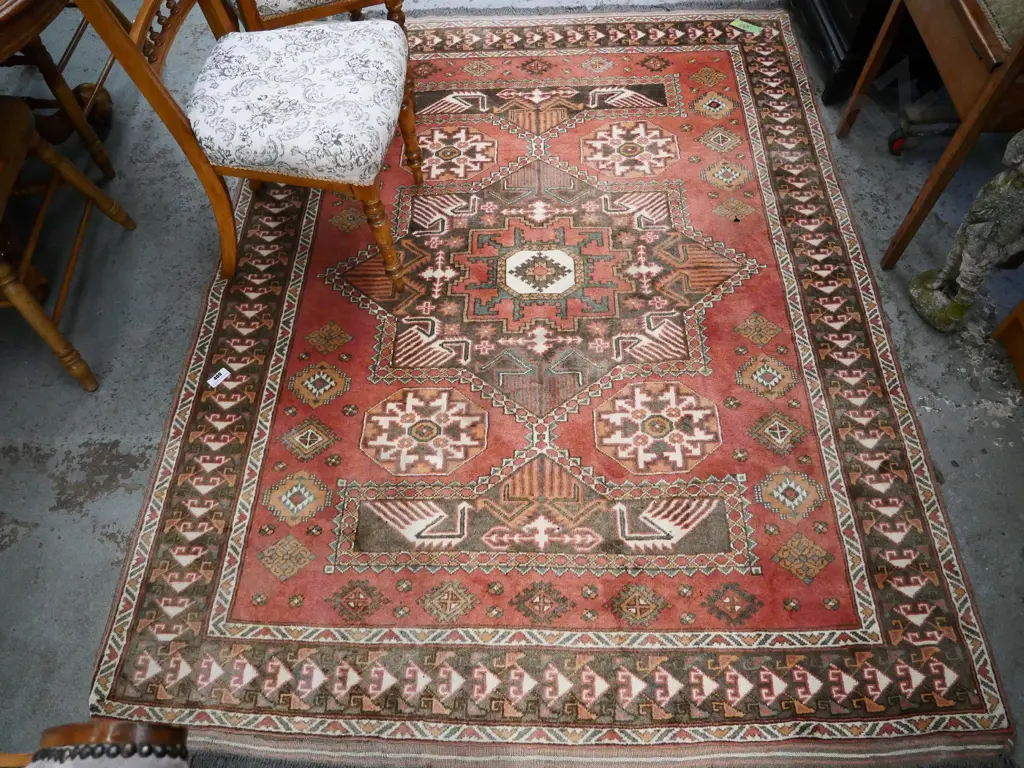 hand-knotted Persian style rug - terracotta colours, very faded L-2060 W-1550 Image 1++