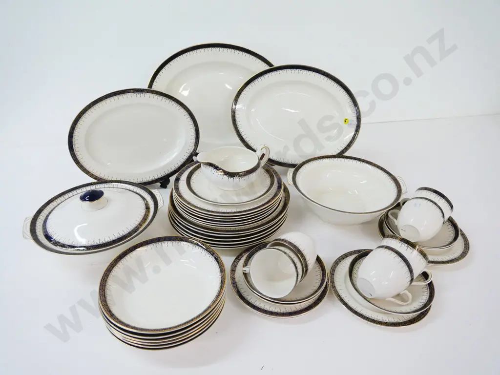 assorted Alfred Meakin "Bleu de Roi" dinnerware including 3 ashetts, gravy boat, 2 veges (one without lid) etc. Image 1++