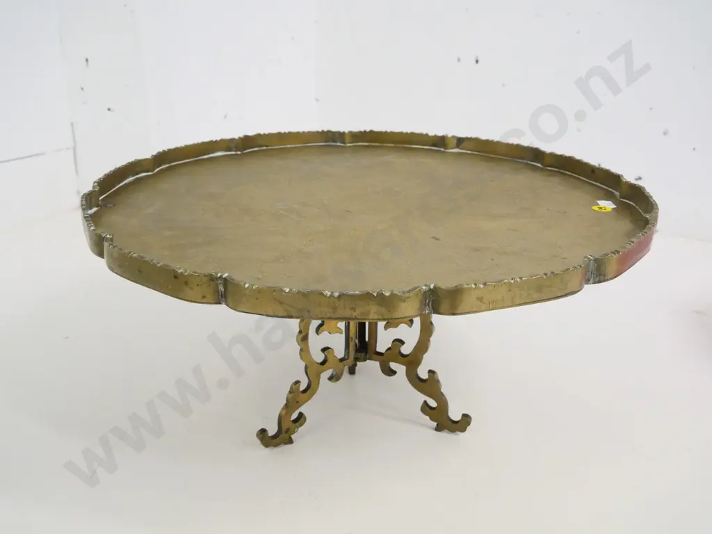 Chinese cast brass tray with collapsible hinged tripod stand Diameter 410 H-190 on stand Image 1++