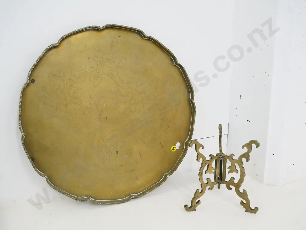 Chinese cast brass tray with collapsible hinged tripod stand Diameter 410 H-190 on stand Image 1++