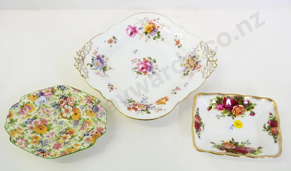 Royal Crown Derby biscuit plate, Royal Albert Old Country Roses sweet dish D230, and a Ducal all-over-floral sweet dish Image 1++