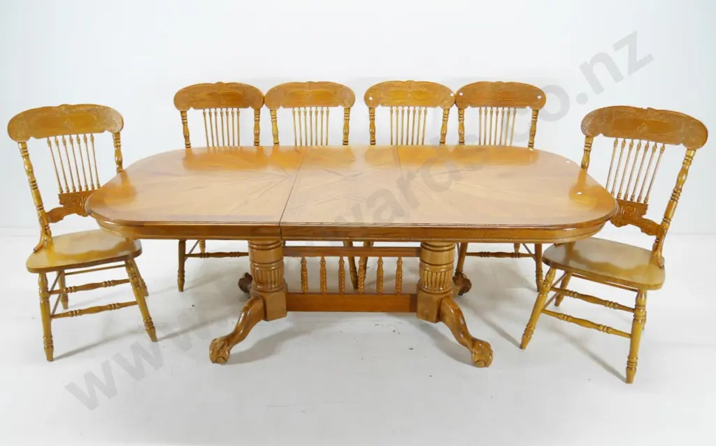 oak dining table quartered top, heavy twin pedestal, ball & claw feet, 6 spindle back chairs H790 W1060 L2100 w/leaf Image 1++