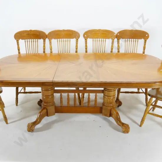 oak dining table quartered top, heavy twin pedestal, ball & claw feet, 6 spindle back chairs H790 W1060 L2100 w/leaf
