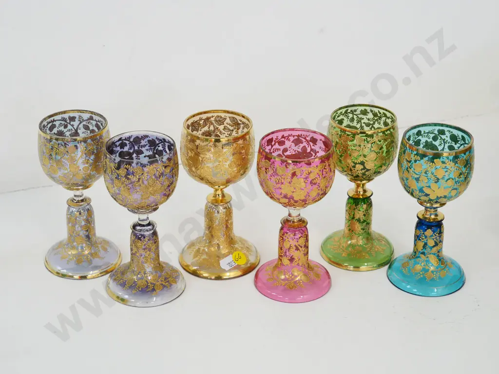 set of 6 various coloured stemmed glasses with heavy gold decoration H-140 Image 1++