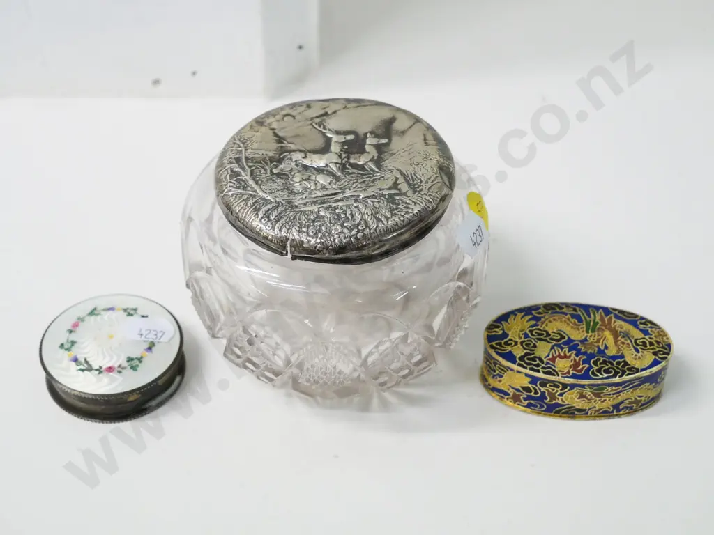 sterling silver and enamel pill box, cloisonne pill box, and a silver (unmarked) mounted cut glass powder bowl H80 D110 Image 1++
