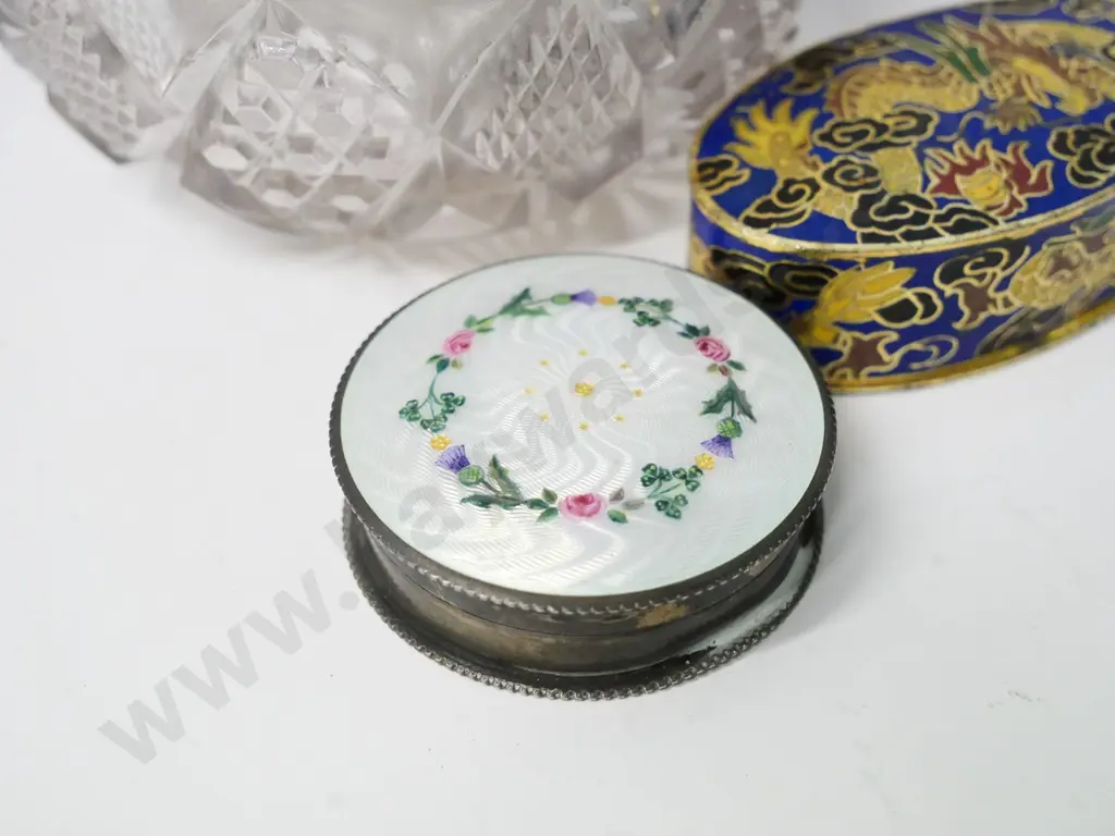 sterling silver and enamel pill box, cloisonne pill box, and a silver (unmarked) mounted cut glass powder bowl H80 D110 Image 1++