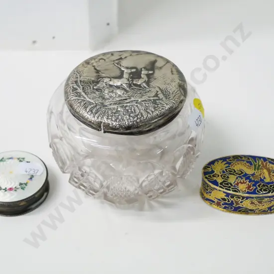 sterling silver and enamel pill box, cloisonne pill box, and a silver (unmarked) mounted cut glass powder bowl H80 D110