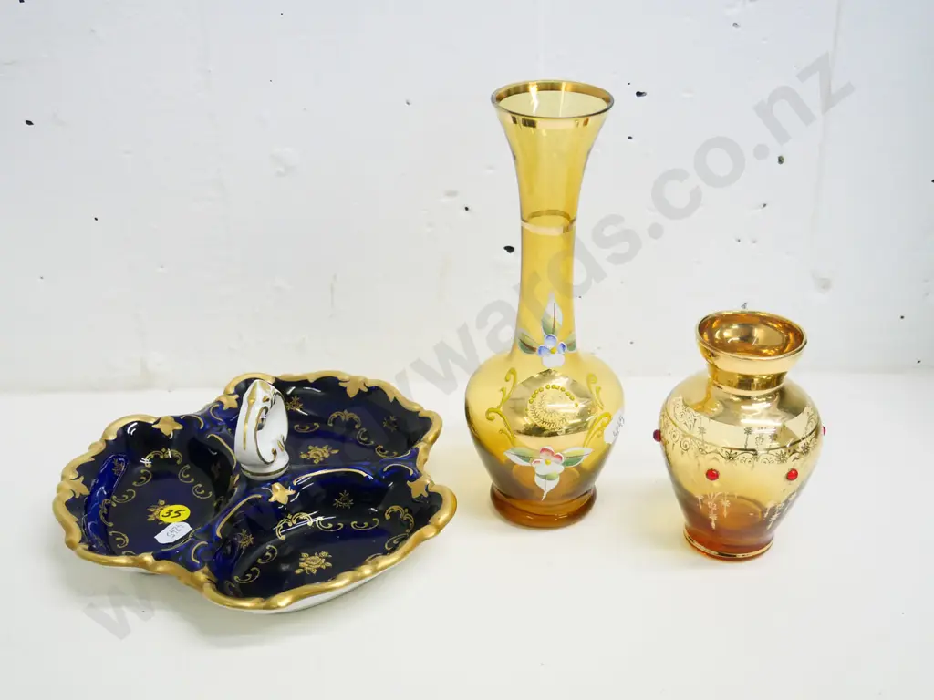 2 Venetian glass style vases and a cobalt and gold German 3-part segmented dish. Taller vase H-200 Image 1++