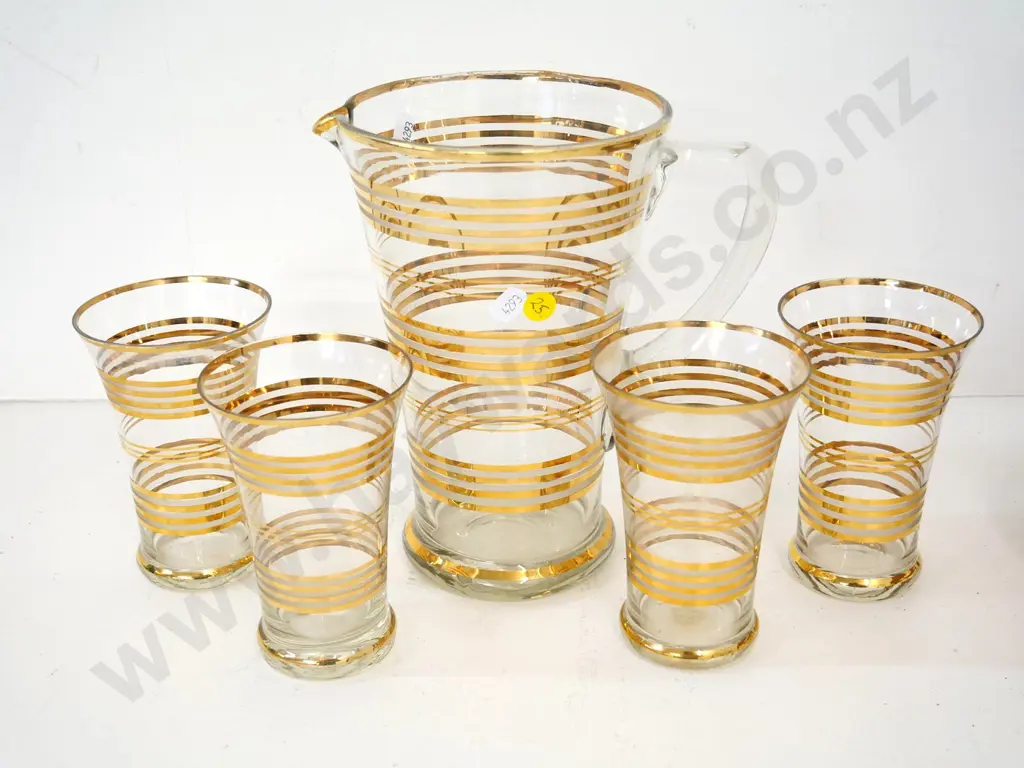 retro glass water set with gold banding - 4 glasses, one has chip to rim, jug is H-220 Image 1++