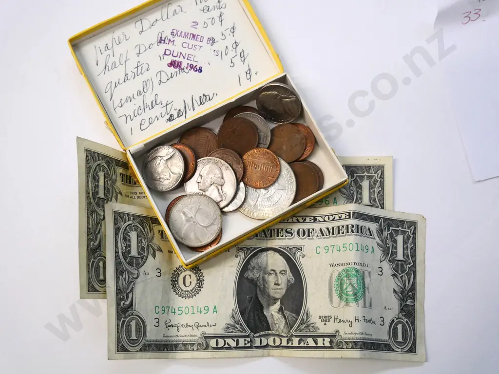 2 USA $1 notes 'Henry H Fowler ' secretary of the Treasury & asstd USA coins Image 1++