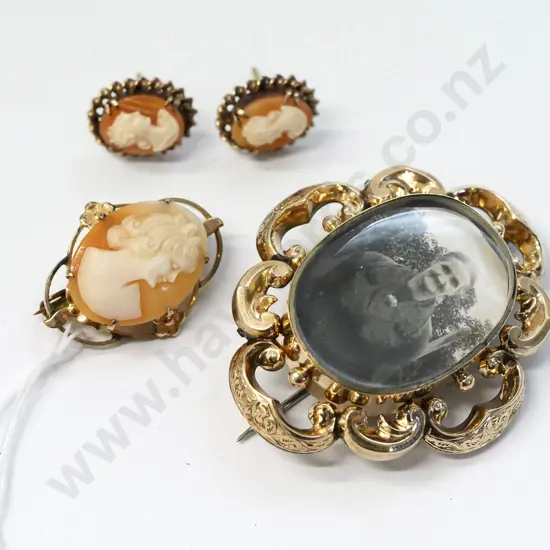9ct cameo brooch & earrings & a brooch with photo of a woman wearing brooch