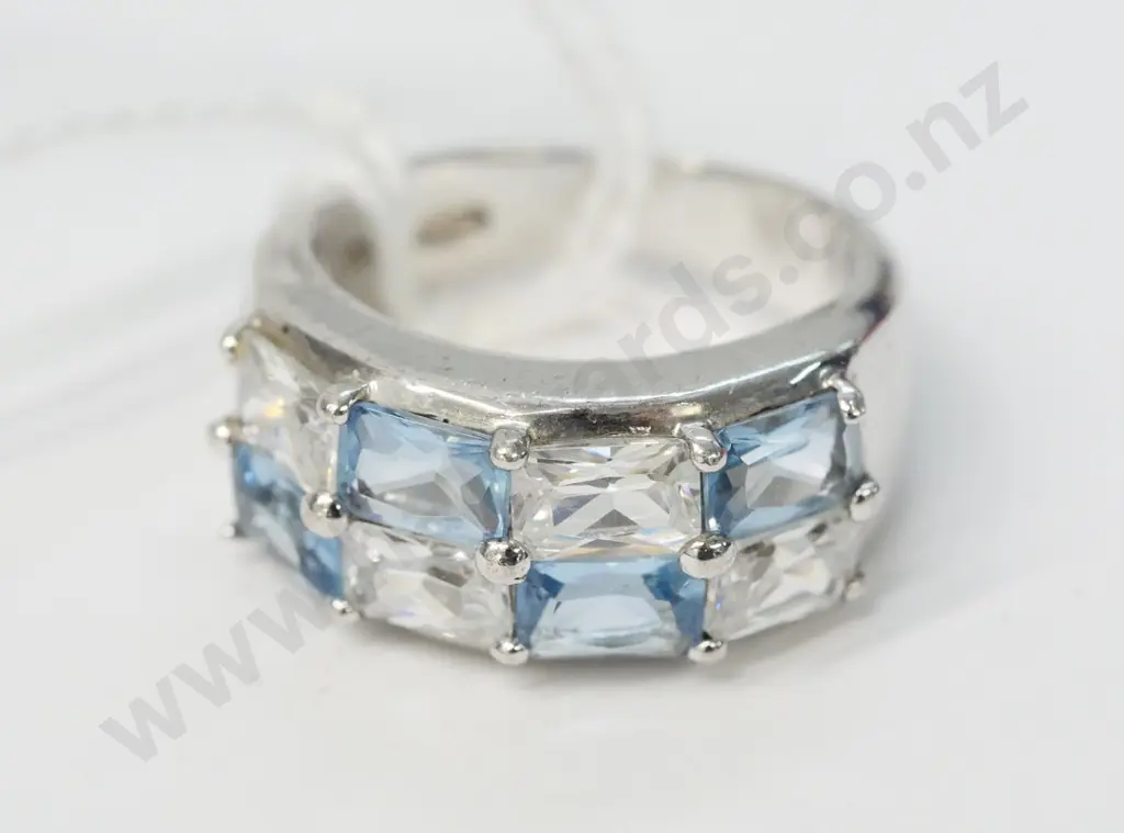 silver aquamarine & cz dress ring stamped 925 Image 1++