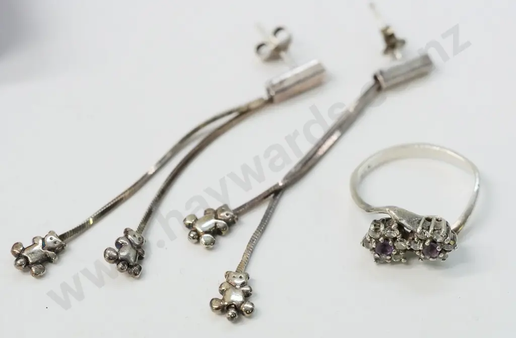 silver cz & amethyst ring {bit out of shape] & pair of earrings with teddy bears Image 1++