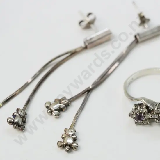 silver cz & amethyst ring {bit out of shape] & pair of earrings with teddy bears