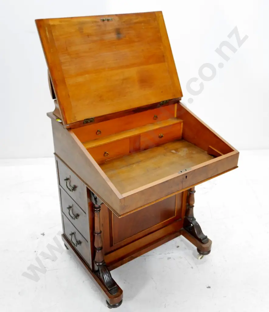 vintage walnut and burr veneer Davenport writing desk with tooled leather insert. top storage, 6 drawers H900 W630 D600 Image 1++