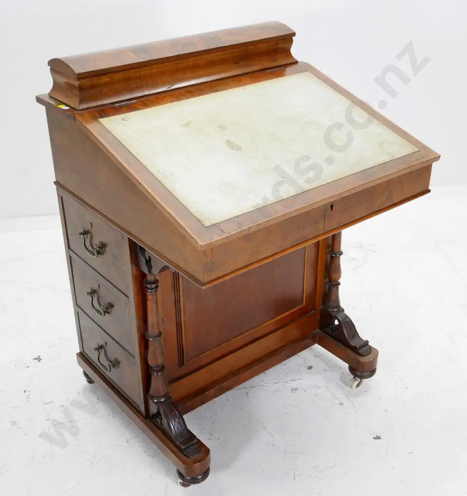 vintage walnut and burr veneer Davenport writing desk with tooled leather insert. top storage, 6 drawers H900 W630 D600 Image 1++