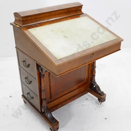 vintage walnut and burr veneer Davenport writing desk with tooled leather insert. top storage, 6 drawers H900 W630 D600