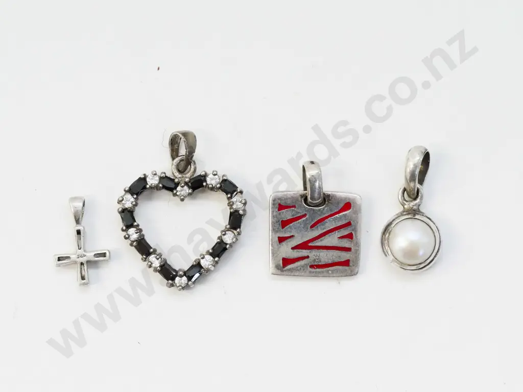 cross pendant, pearl pendant, garnet & cz heart shaped pendant & silver square pendant all silver and all stamped 925 Image 1++