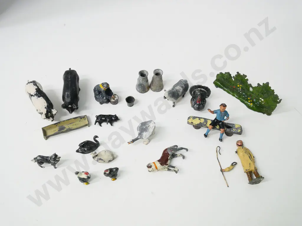 assorted vintage lead farm animals and people - variable condition, paint wear, damage to farmer, etc. Image 1++