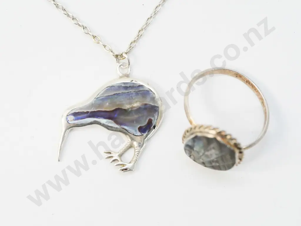 silver paua shell ring stamped stg sil & silver paua shell kiwi pendant stamped sil Image 1++